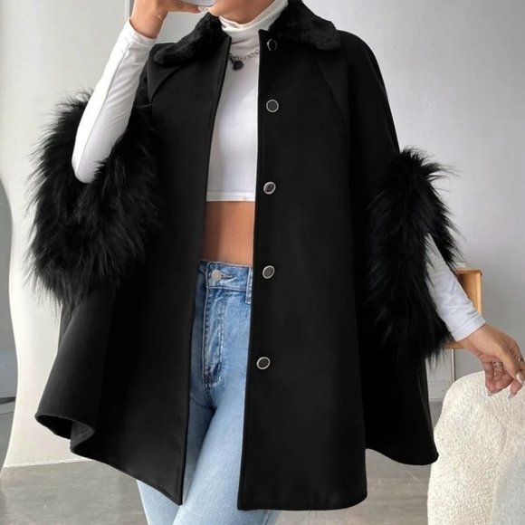 Faux fur Cuff Raglan Sleeve Borg Collar Black button down Overcoat Jacket - Picture 1 of 5